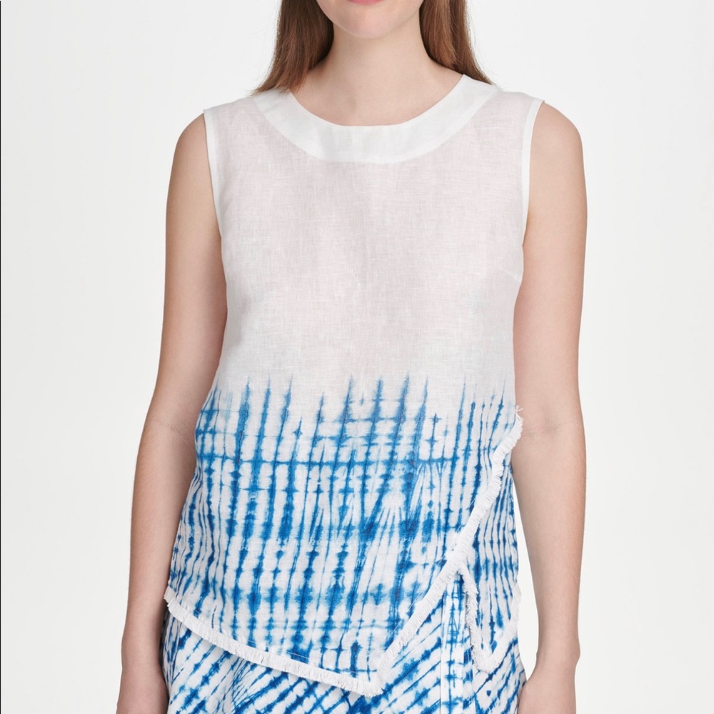 DKNY Printed Fringed Hem Asymmetrical Top